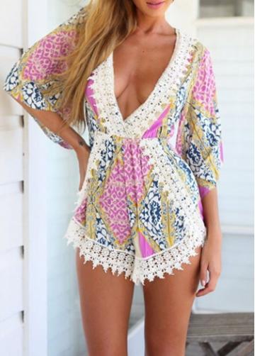 Rosewe Lace Crochet V Neck Printed Rompers