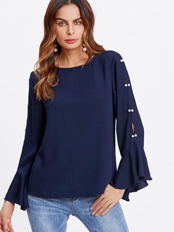 Shein Pearl Beading Split Ruffle Sleeve Top