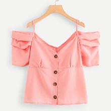 Shein Open Shoulder Button Though Blouse