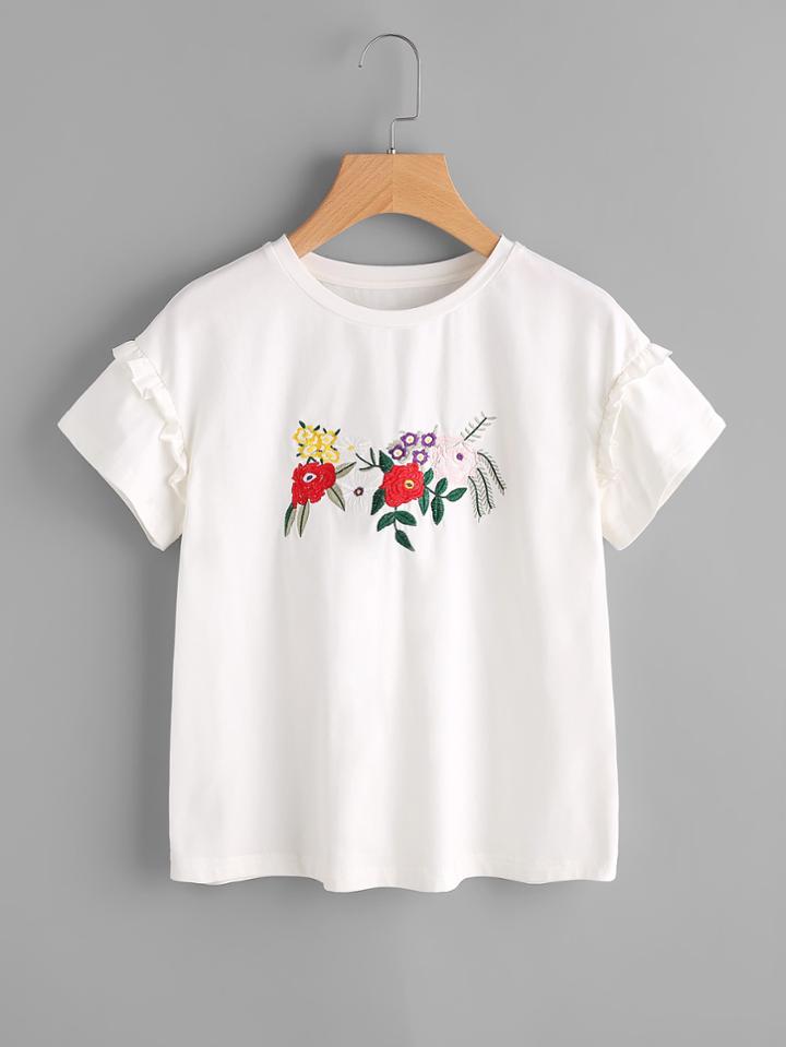 Shein Flower Embroidered Frill Detail Top