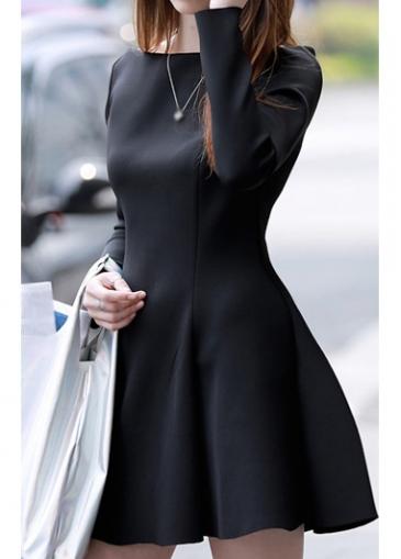 Rosewe Black Boat Neck Long Sleeve Mini Dress