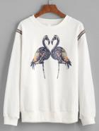 Shein Beige Flamingo Print Embroidery Tape Shoulder Sweatshirt