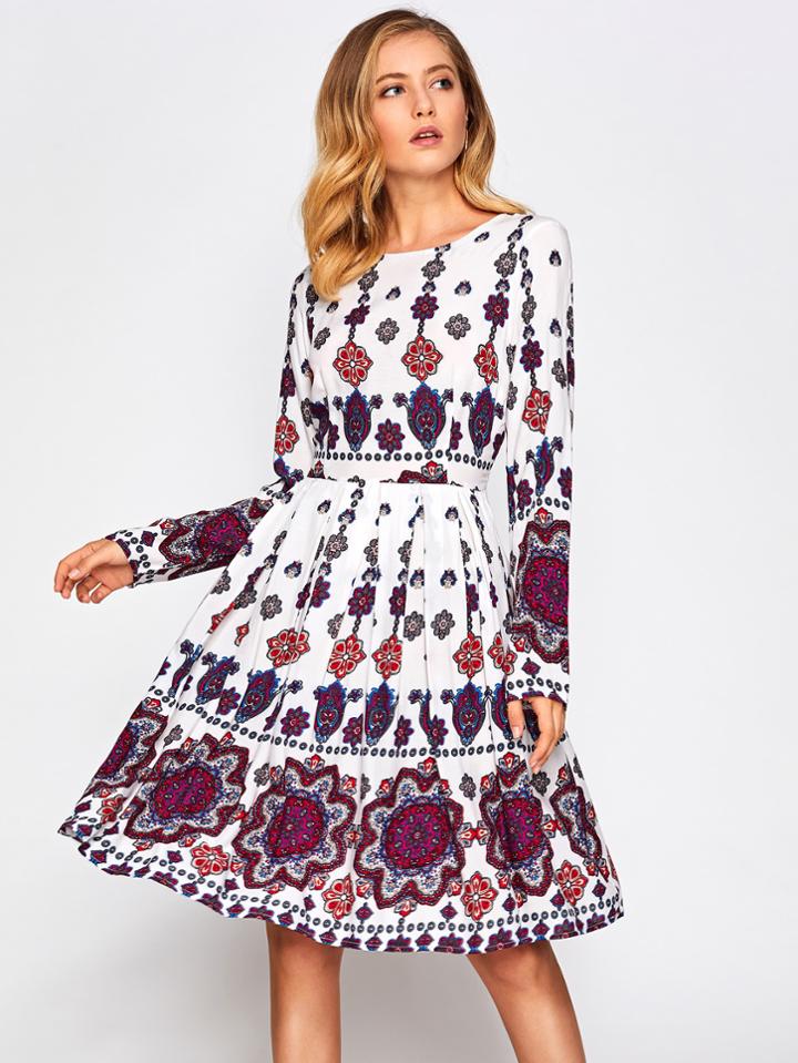 Shein Ornate Print Box Pleated Fit & Flare Dress