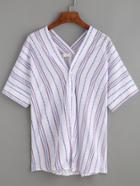 Shein White Vertical Striped Double V Neck  Blouse