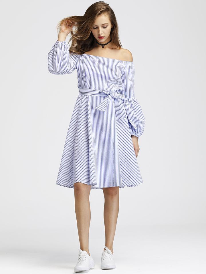 Shein Off Shoulder Lantern Sleeve Striped Dress With Belt