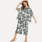 Shein Leaf Print Blouse With Wide Leg Pants