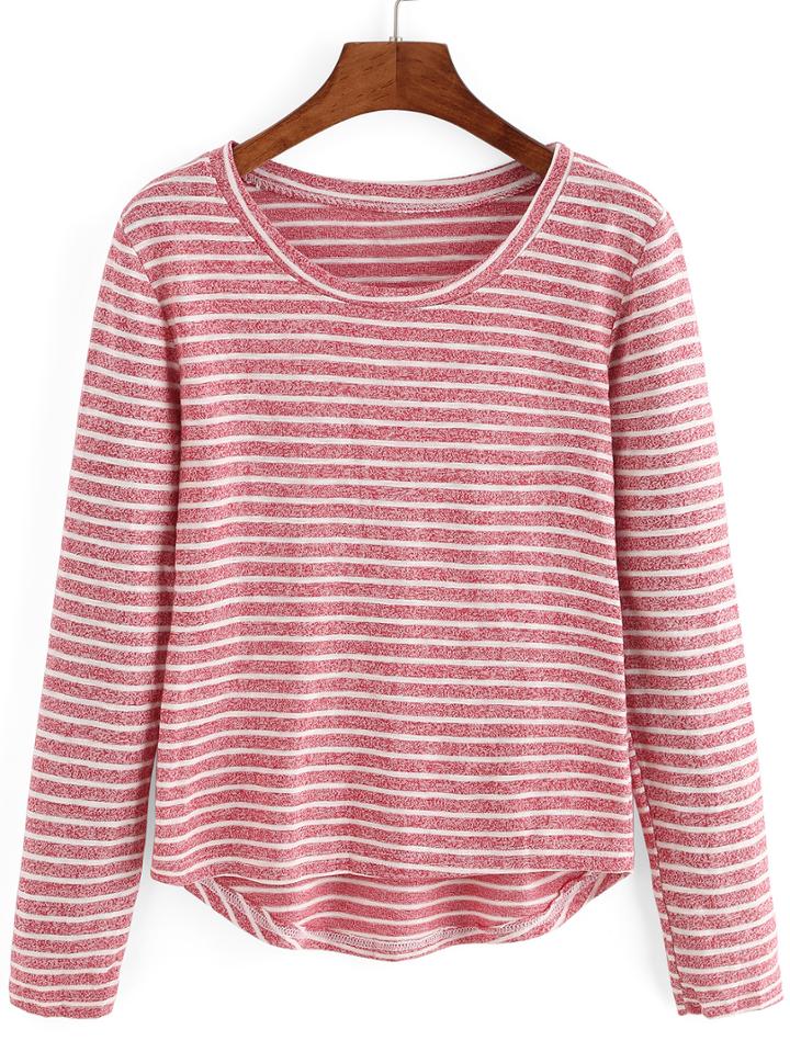 Shein Red Round Neck Striped Dip Hem T-shirt
