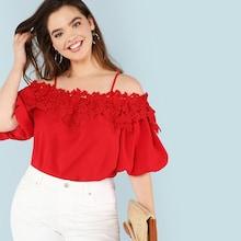 Shein Plus Lantern Sleeve Lace Applique Bardot Top