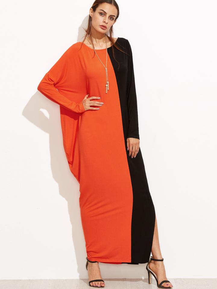 Shein Contrast Asymmetric Dolman Sleeve Slit Dress