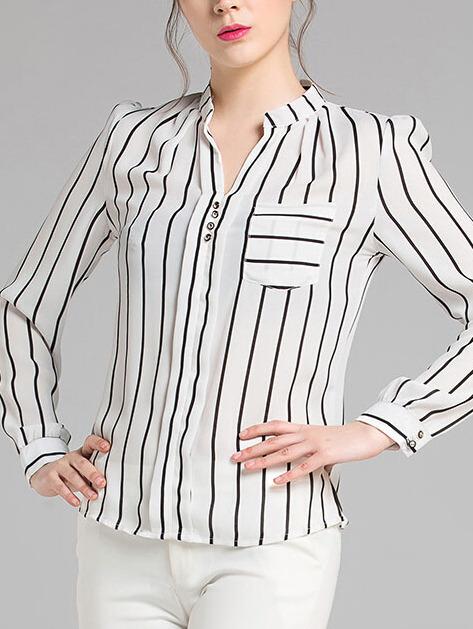Shein Striped Split Neck Front Pocket Blouse
