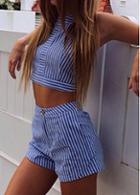 Rosewe Striped Crop Top And Zipper Fly Shorts