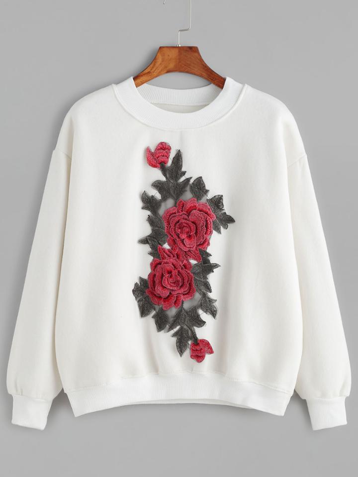 Shein White Drop Shoulder Flower Embroidered Sweatshirt