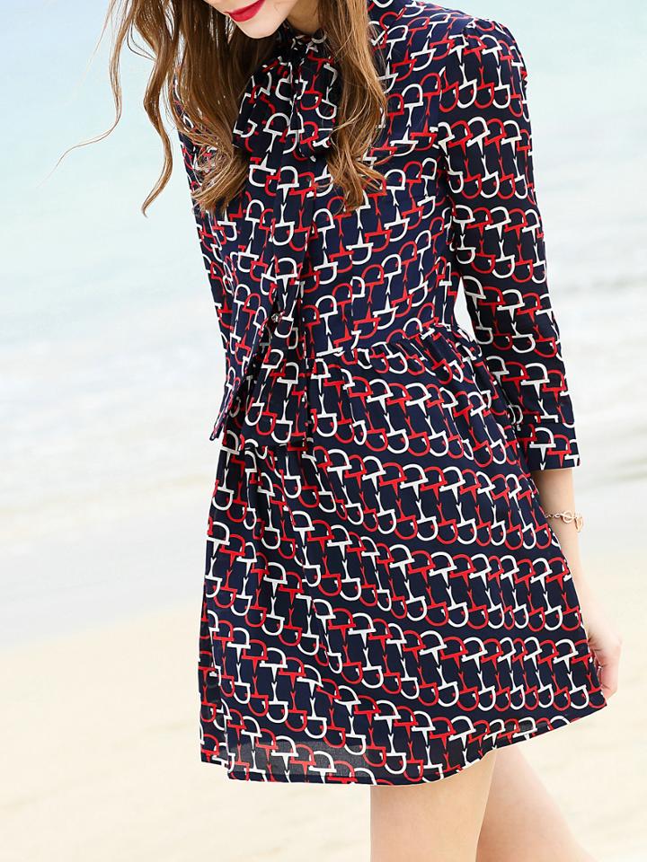 Shein Navy Tie Neck Print Shift Dress