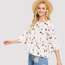 Shein Trumpet Sleeve Botanical Tiered Ruffle Hem Top