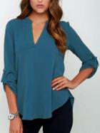 Shein Blue V Neck Loose Casual Blouse
