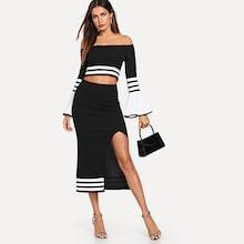 Shein Off Shoulder Flounce Sleeve Top & Slit Skirt Set