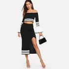 Shein Off Shoulder Flounce Sleeve Top & Slit Skirt Set