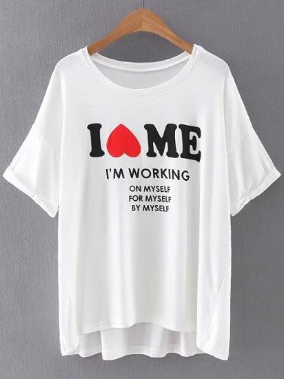 Shein White Dip Hem Heart Letters Print T-shirt
