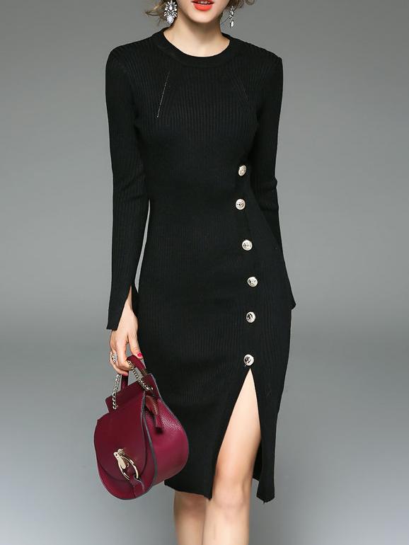 Shein Black Crew Neck Knit Split Dress