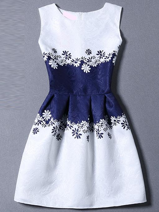 Shein Blue White Sleeveless Floral A Line Dress