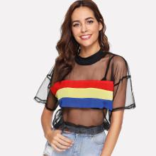 Shein Striped Contrast Mesh Tee
