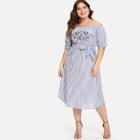 Shein Plus Bardot Embroidery Belted Dress