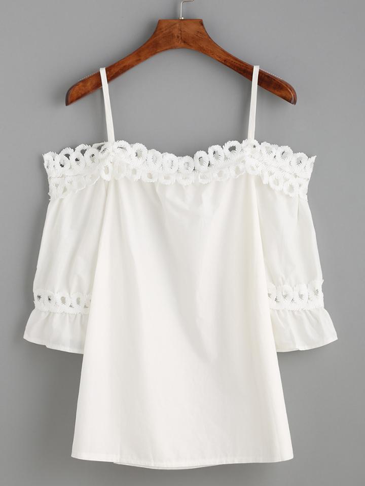Shein White Cold Shoulder Appliques Hollow Out Ruffle Blouse