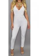 Rosewe White Open Back Zip Closure Jumpsuit