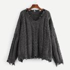 Shein Plus Drop Shoulder Tattered Cable Knit Sweater