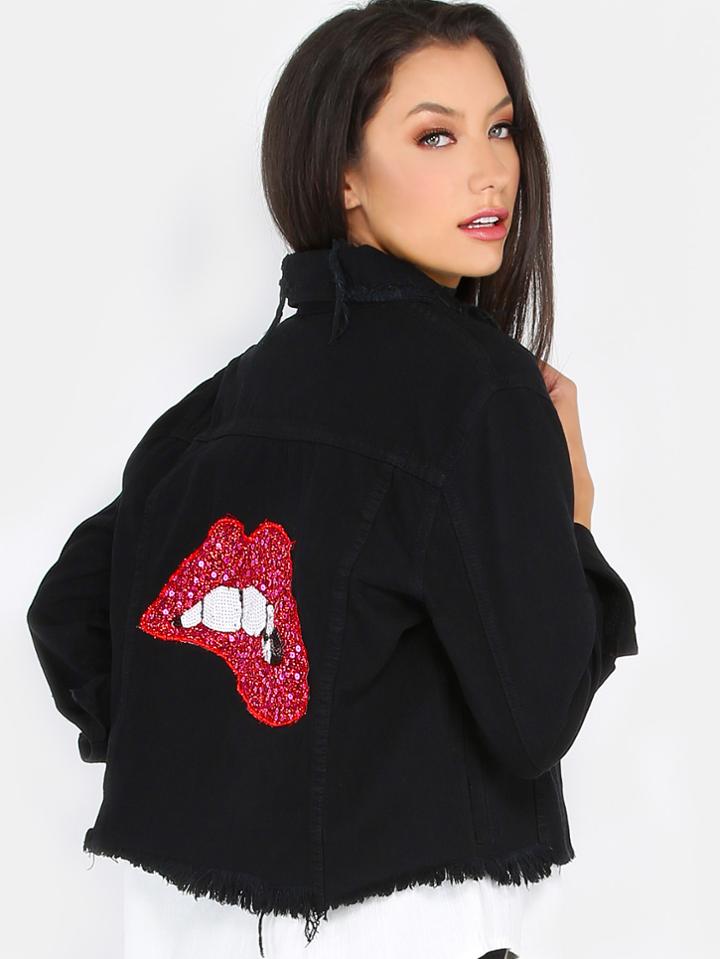 Shein Sequins Lips Back Distressed Denim Jacket Black