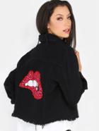 Shein Sequins Lips Back Distressed Denim Jacket Black