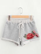 Shein Heather Knit Embroidered Rose Patch Cuffed Shorts