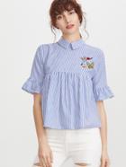 Shein Blue Striped Pointed Collar Ruffle Sleeve Embroidered Babydoll Top