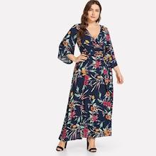 Shein Plus Wrap Waist Knot Floral V-neck Dress