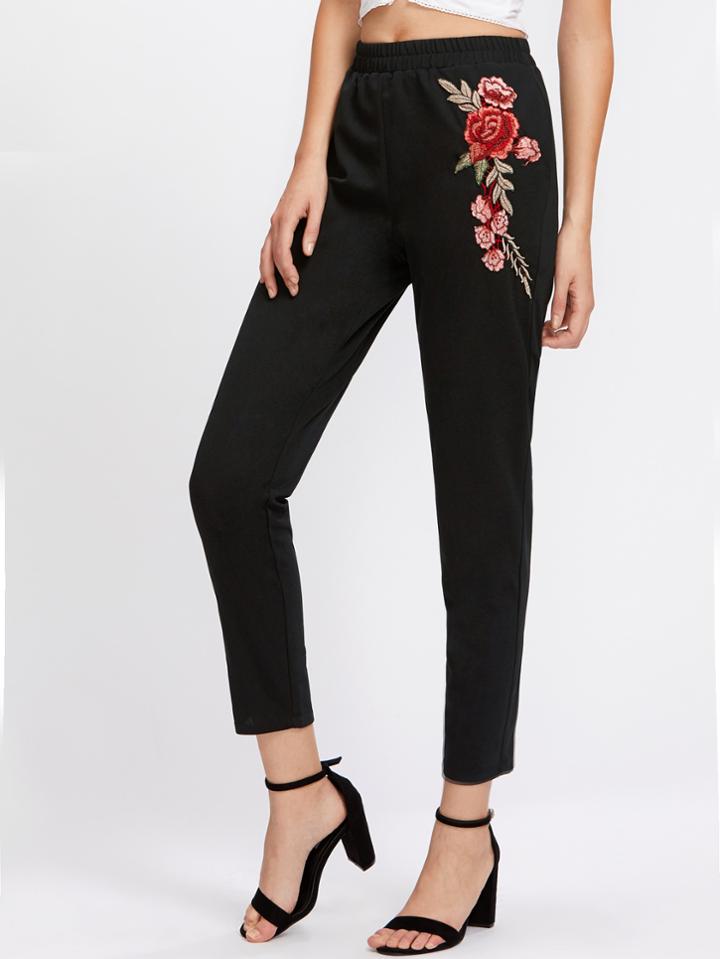 Shein Embroidered Rose Applique Jersey Peg Pants