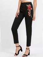 Shein Embroidered Rose Applique Jersey Peg Pants