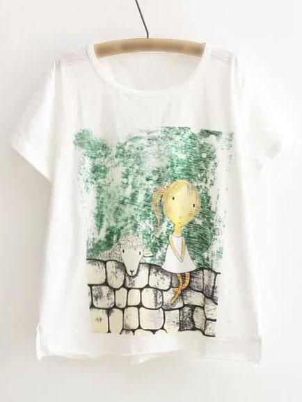 Shein White Short Sleeve Girl Sheep Print Casual T-shirt