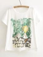 Shein White Short Sleeve Girl Sheep Print Casual T-shirt