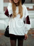 Shein White Burgundy Long Sleeve Color Block T-shirt