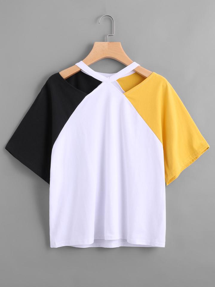 Shein Color Block Cut Out Neck Tee
