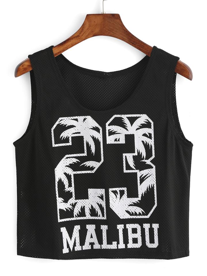 Shein Black Number Print Eyelet Tank Top