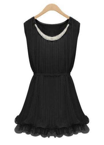 Rosewe A Line Black Round Neck With Fitting Skater Dress