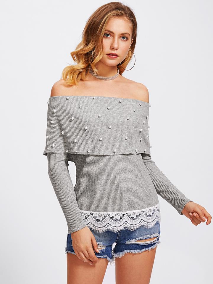 Shein Lace Trim Pearl Beading Foldover Bardot Tee