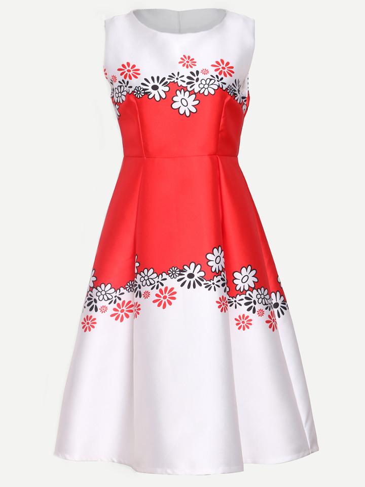 Shein Red Flower Print Fit & Flare Dress
