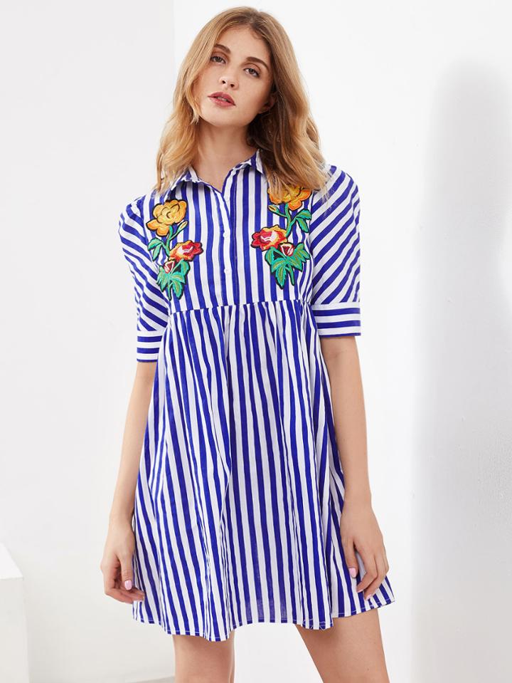 Shein Flower Embroidered Half Placket Smock Dress