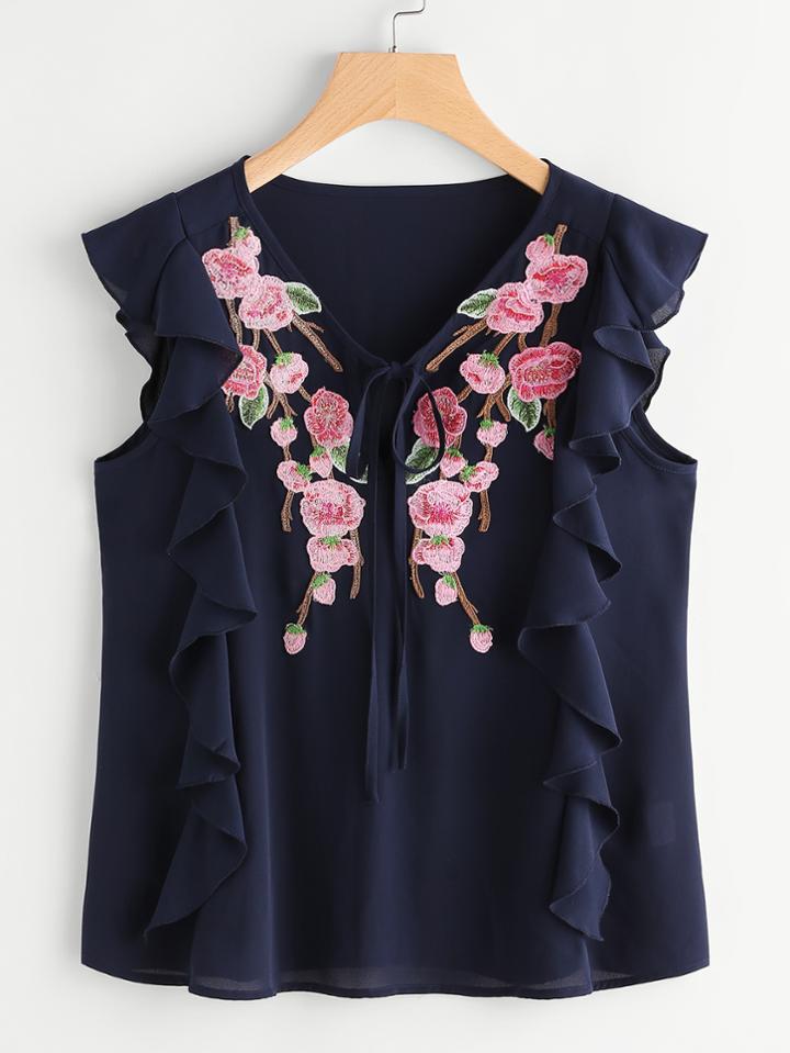 Shein Symmetric Embroidery Yoke Frill Top
