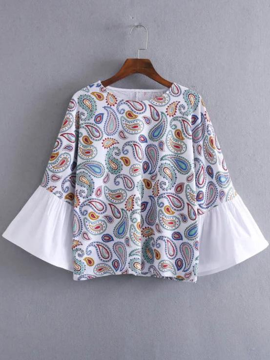 Shein White Printed Bell Sleeve Blouse