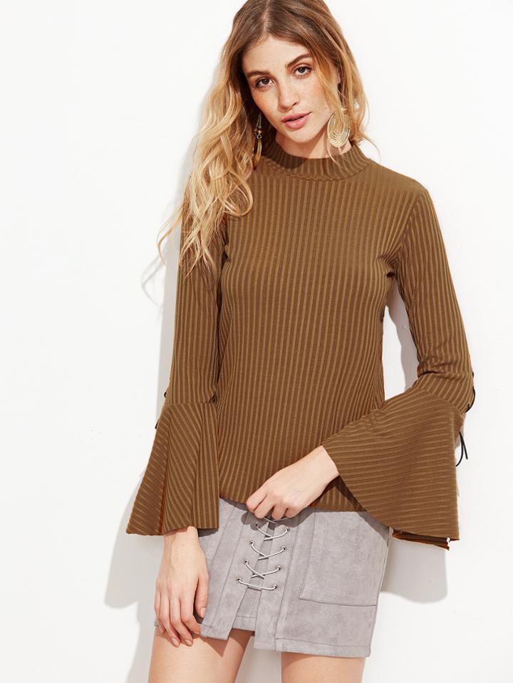 Shein Vertical Striped Split Bell Sleeve Lace Up T-shirt