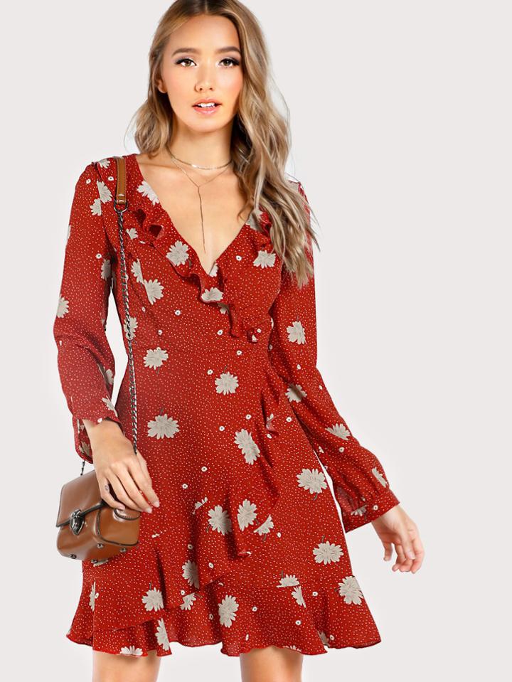 Shein Fluted Sleeve Frilled Surplice Wrap Dress
