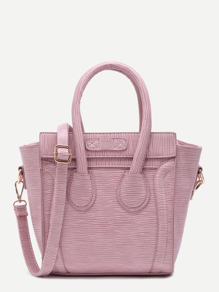 Shein Pink Embossed Pu Zip Front Handbag With Strap